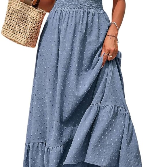 Dresses & Skirts - Womens Dresses 2025 Summer Maxi Dress Boho Short Sleeve V Neck Swiss Dot Ruffle